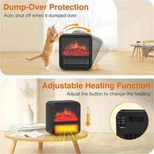 Load image into Gallery viewer, Small Portable Space Heater for Indoor use with Realistic 3D Flame, Mini Electric Fireplace Heater with Thermostat, 1500W/750W PTC Ceramic Heating, Tip-Over Safety Switch, Black
