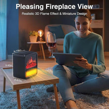Load image into Gallery viewer, Small Portable Space Heater for Indoor use with Realistic 3D Flame, Mini Electric Fireplace Heater with Thermostat, 1500W/750W PTC Ceramic Heating, Tip-Over Safety Switch, Black
