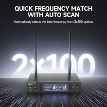 Load image into Gallery viewer, Dual Channel Wireless Microphone System, MELONARE Auto-Scan Professional Cordless Dynamic Mic Set, 260ft Range, 2x100 UHF Metal Wireless Mic for Singing, Karaoke, Church, Wedding, DJ (MWU-20-2H)
