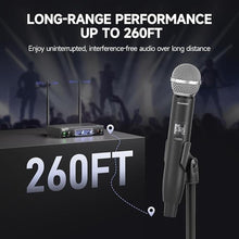 Load image into Gallery viewer, Dual Channel Wireless Microphone System, MELONARE Auto-Scan Professional Cordless Dynamic Mic Set, 260ft Range, 2x100 UHF Metal Wireless Mic for Singing, Karaoke, Church, Wedding, DJ (MWU-20-2H)
