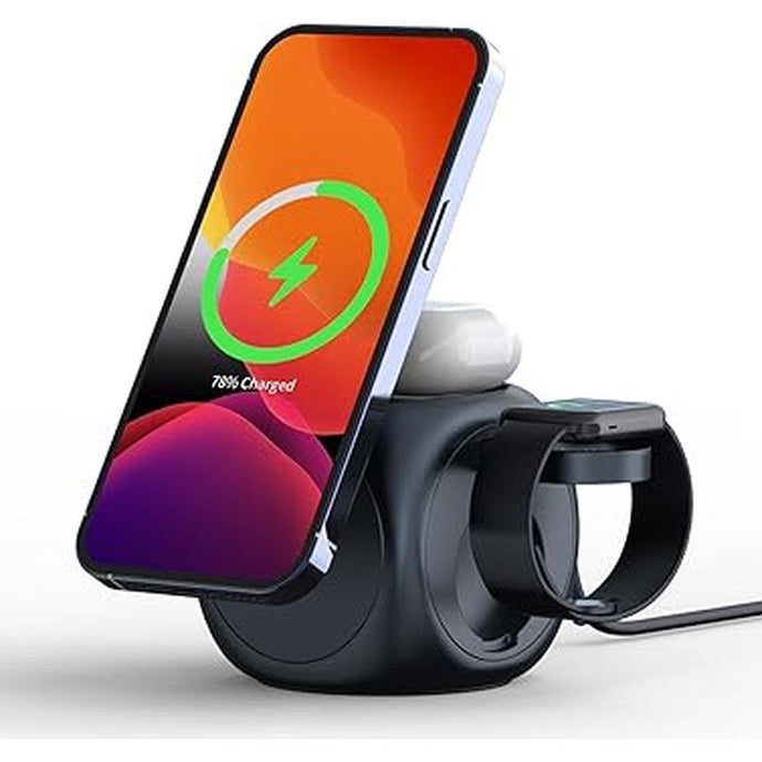 3 in 1 Magnetic Wireless Charging Station, Compact Magnet Fast Charger Stand for iPhone 16/15/14/13/12/AirPods/Apple Watch, Portable Quick Charger Phone Holder for Home Office Travel (Black)