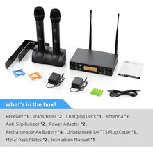 Load image into Gallery viewer, Wireless Microphone System, 2x100 UHF Dual-Channel Rechargeable Handheld Dynamic Microphone, Auto Scan, Suitable for Singing, Karaoke, Wedding, Performance
