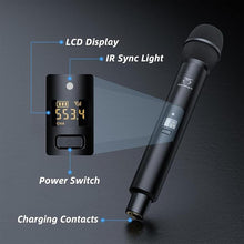 Load image into Gallery viewer, Wireless Microphone System, 2x100 UHF Dual-Channel Rechargeable Handheld Dynamic Microphone, Auto Scan, Suitable for Singing, Karaoke, Wedding, Performance
