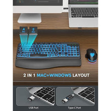 Load image into Gallery viewer, SABLUTE Ergonomic Wireless Keyboard and Mouse Combo - Wave Keyboard with Soft Leather Wrist Rest, Resistant Keys, RGB Backlit Rechargeable Set for PC/Mac/Chromebook (Black)
