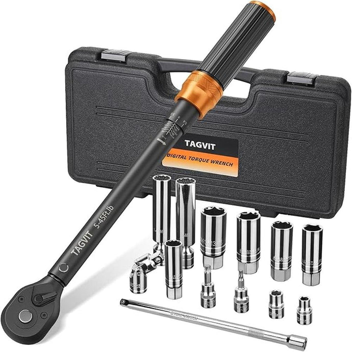 14 PCS Swivel Magnetic Spark Plug Socket Set with Torque Wrench 3/8 Inch Drive, 5-45 Ft.lb 72 Tooth Click Torque Wrench with Universal Joint, Extension Bar, Bits for Easy Spark Plug Removal