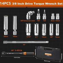 Load image into Gallery viewer, 14 PCS Swivel Magnetic Spark Plug Socket Set with Torque Wrench 3/8 Inch Drive, 5-45 Ft.lb 72 Tooth Click Torque Wrench with Universal Joint, Extension Bar, Bits for Easy Spark Plug Removal

