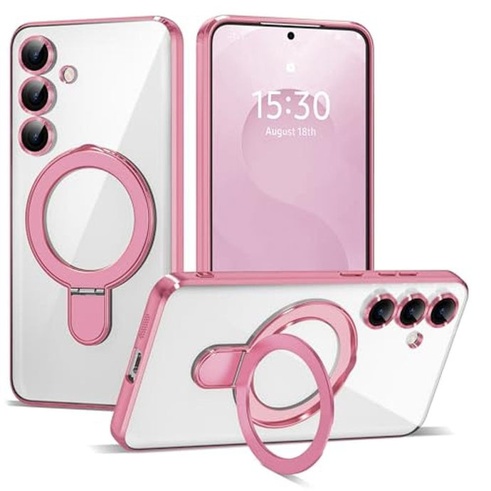 ETPESOK Compatible with Samsung Galaxy S25 Case with Magnetic Ring Stand Compatible with Mag-Safe Full Camera Lens Protector Plating Clear Phone Case for Galaxy S25 6.2 , Pink