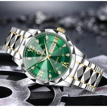 Load image into Gallery viewer, Gosasa Luxury Men's and Women's Business Diamond Stainless Steel Waterproof Roman Numeral Analog Quartz Watch with Day-Date Calendar, Gold and Silver Tone (M-Gold Green, Men)
