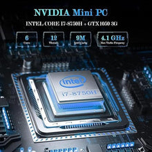 Load image into Gallery viewer, Mini PC, Intel I7-8750H (8C/16T up to 4.1GHz), GTX 1050 3GB Dual Graphics Gaming Mini Computer with RGB Lights, 16GB DDR4 512GB NVMe SSD, 2X HDMI + Type-C, 11AC Wi-Fi, Win 11 Pro
