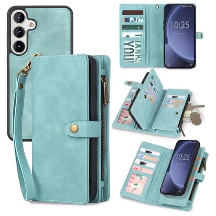 TwoHead for Samsung Galaxy S25 Wallet Case with Card Holder, Detachable Magnetic Phone Case for S25,PU Leather All-Round Protective Phone Case Wallet with Wrist Strap(6.2 in,Blue)