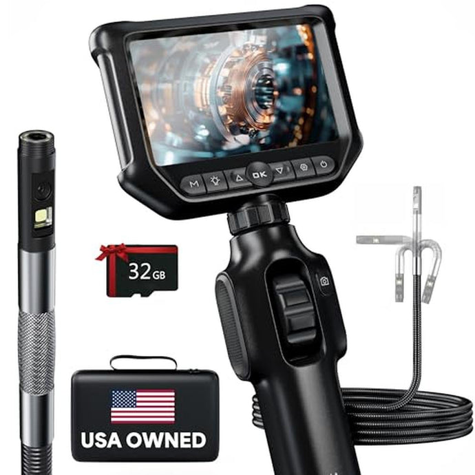 Articulating Borescope 360°, Dual Lens Inspection Camera with Light, 6mm Lens Snake Camera for Mechanic Inspections, and Plumbing, .24in Borescope Automotive, Industrial Endoscope, 5ft