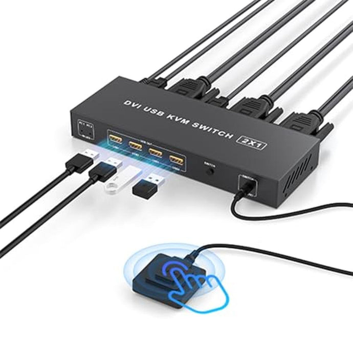 DVI KVM Switch 1 Monitor 2 Computers 4K@60Hz,KVM Switches for Dual Computer Share Monitor Keyboard Mouse Printer Hard Drives, with EDID Adaptive, 2USB Cable Desktop Controller