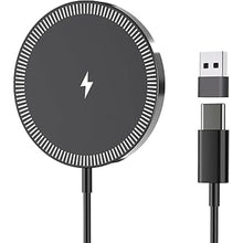 Load image into Gallery viewer, Magnetic Wireless Charger, 15W Magnet Fast Charging Pad for iPhone 16 Pro Max/16 Pro/16 Plus/16/15/14/13/12, Slim Mag Quick Charger with USB-A &amp; USB-C Charging Port (Aluminum Alloy Charger-Black V3)
