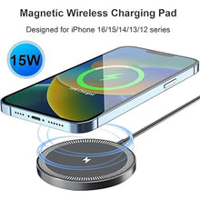Load image into Gallery viewer, Magnetic Wireless Charger, 15W Magnet Fast Charging Pad for iPhone 16 Pro Max/16 Pro/16 Plus/16/15/14/13/12, Slim Mag Quick Charger with USB-A &amp; USB-C Charging Port (Aluminum Alloy Charger-Black V3)
