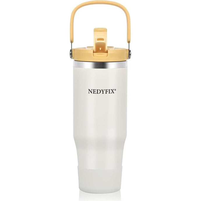 32 Oz Tumbler with Handle Vacuum Insulated Water Bottle Stainless Steel Tumbler Car Reusable Cup Cold for 12 Hours-Beige White