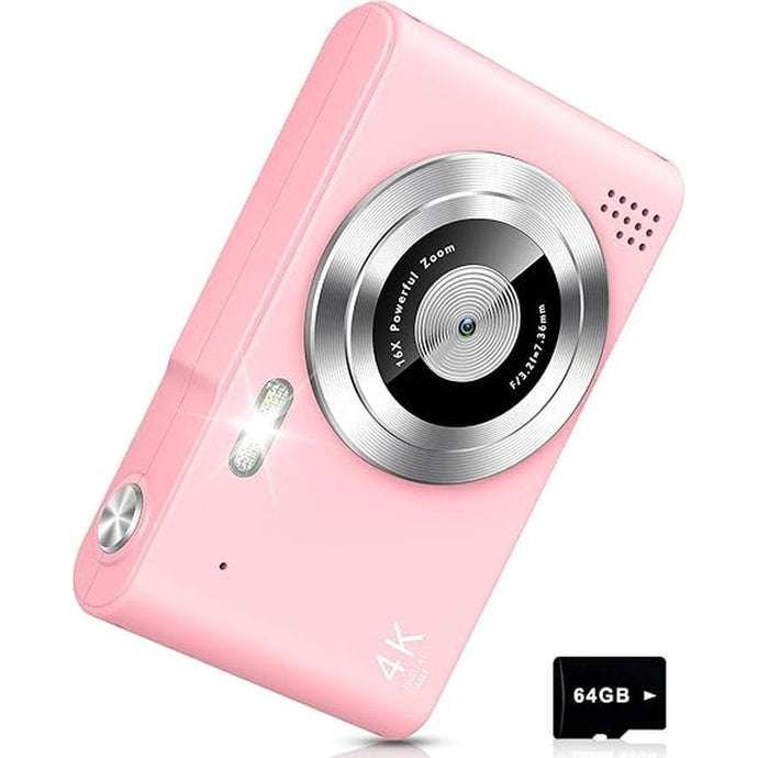 Digital Camera, Camera for Kids, UHD 4K 48MP Point and Shoot Digital Cameras with 64GB SD Card and 16X Digital Zoom Anti Shake, Compact Portable Small Gift for Boys Girls Students, Pink