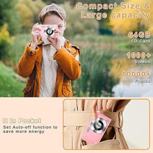 Load image into Gallery viewer, Digital Camera, Camera for Kids, UHD 4K 48MP Point and Shoot Digital Cameras with 64GB SD Card and 16X Digital Zoom Anti Shake, Compact Portable Small Gift for Boys Girls Students, Pink

