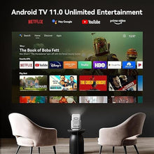 Load image into Gallery viewer, [Android TV 11.0 &amp; Native 1080P] Smart Mini Projector with WiFi and Bluetooth, 120° Adjustable Stand, Auto Focus, 500 ANSI Outdoor Proyector, Wanbo T2 Ultra Portable Projector with Netflix 5,000+ Apps
