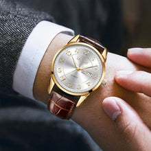 Load image into Gallery viewer, Taxau Mens Watches Brown Leather Watch Men Dress Watch Analog Vintage Casual Watch for Large Wrist Date Day Waterproof Wrist Watches for Men Gold-White Two Tone Luminous reloj para Hombre
