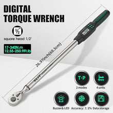 Load image into Gallery viewer, Digital Torque Wrench, 1/2-Inch Drive, 17-340 N.m/12.5-250 Ft.lb, LCD Display with Buzzer and LED Flash Alert, 4 Units, 2 Modes, 22 Inch Length
