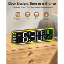 Load image into Gallery viewer, Alampan 9&quot; Digital Alarm Clocks for Bedroom, Large Display Corded Clock, Dual Alarm, with Night Light, LED Temperature Calendar, Electric, for Living Room, Nightstand, Desk, Auto DST(Green Temp&amp;Date)
