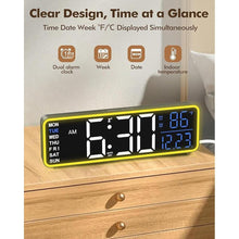 Load image into Gallery viewer, Alampan 9&quot; Digital Alarm Clocks for Bedroom, Large Display Corded Clock, Dual Alarm, with Night Light, LED Temperature Calendar, Electric, for Living Room, Nightstand, Desk, Auto DST(Blue Temp &amp; Date)
