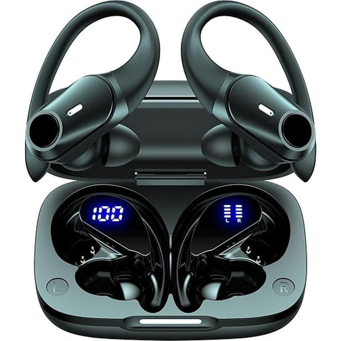 GOLREX Wireless Earbuds Bluetooth Headphones 80H Playtime Ear Buds with Wireless Charging Case & Dual LED Power Display Over-Ear Earphones with Earhooks for Sports Running Workout Black