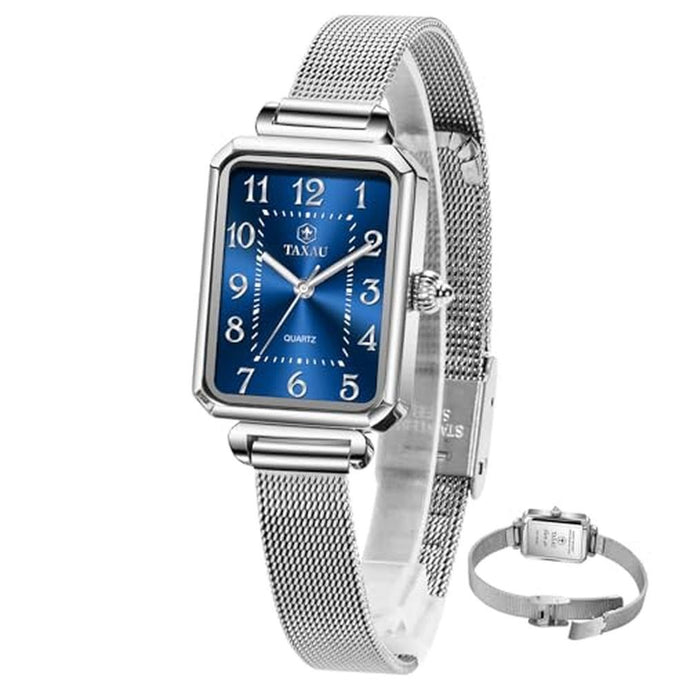 Taxau Womens Watches Small Rectangle Waterproof Watch for Women Ladies Watch for Small Wrist Minimalist Elegant Women Luxury Mesh Watches Large Arabic Numbers Blue Dial Easy Read reloj de Mujer