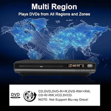Load image into Gallery viewer, DVD Player HDMI Region Free DVD Players for TV, 1080P Upscaling, USB Input, HDMI RCA Cable Included, Breakpoint Memory, Built-in PAL NTSC, DVD CD Player for Home Plays All Regions and Multi-Format
