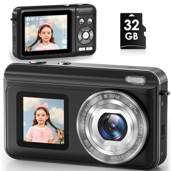 Digital Camera, Real 2.7K Dual-Screen Digital Camera for Photography Auto-Focus Vlogging Camera for YouTube Video 16x Zoom 32GB SD Card Anti Shake Compact Camera for Student Teen Boys Girls Kids