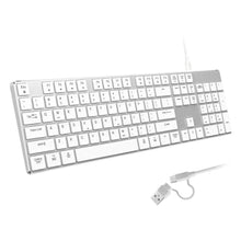 Load image into Gallery viewer, POWZAN Wired Backlit Keyboard for Windows/Mac,Aluminum Slim &amp; Quiet Full Size Keyboards Light Up with USB A/USB C Dual Interface,Compatible with iMac,MacBook,iPad,Laptop,PC-Gray Black (Sliver White)
