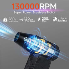 Load image into Gallery viewer, Compressed Air Duster – 130000RPM High-Speed Air Blower with 280G Wind Pressure, 3 Gears Wind Speed, Cordless Rechargeable Dust Cleaner with 5000mAh Battery for Computer, Keyboard, Car &amp; Electronics
