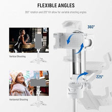 Load image into Gallery viewer, NEEWER Selfie Stick with Detachable Bluetooth Remote Shutter, Lightweight Foldable Travel Tripod for iPhone, 360° Phone Holder Cold Shoe for YouTube/TikTok Vlogs Live Streaming Photography, White, P15
