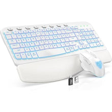 Load image into Gallery viewer, SABLUTE Ergonomic Wireless Keyboard and Mouse Combo - Wave Keyboard with Soft Leather Wrist Rest, Resistant Keys, RGB Backlit Rechargeable Set for PC/Mac/Chromebook (White)

