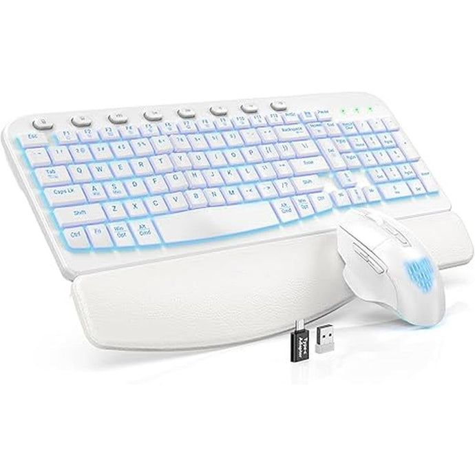 SABLUTE Ergonomic Wireless Keyboard and Mouse Combo - Wave Keyboard with Soft Leather Wrist Rest, Resistant Keys, RGB Backlit Rechargeable Set for PC/Mac/Chromebook (White)