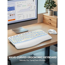 Load image into Gallery viewer, SABLUTE Ergonomic Wireless Keyboard and Mouse Combo - Wave Keyboard with Soft Leather Wrist Rest, Resistant Keys, RGB Backlit Rechargeable Set for PC/Mac/Chromebook (White)
