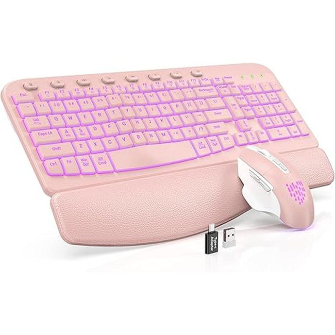 SABLUTE Ergonomic Wireless Keyboard and Mouse Combo - Wave Keyboard with Soft Leather Wrist Rest, Resistant Keys, RGB Backlit Rechargeable Set for PC/Mac/Chromebook (Pink)