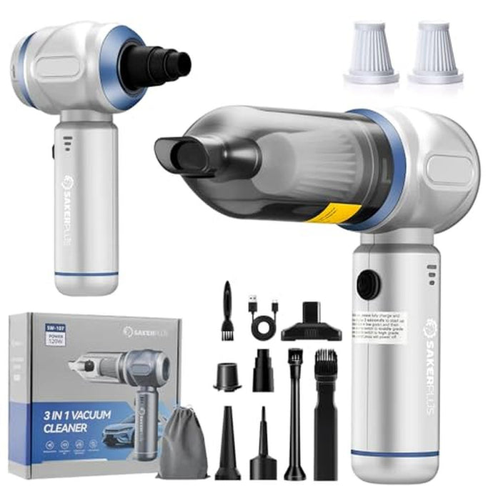 SakerPlus Car Vacuum Portable Cordless, 3-in-1 Hand Held Mini Vacuum Cleaner 17500PA High Power, Handheld Vacuum & Air Duster for Suction, Blowing, Inflating & Deflating, Ideal for Car Home Office