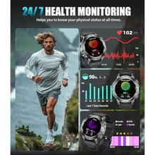 Load image into Gallery viewer, Military Smart Watch for Men(Answer/Dial Calls),1.45&#39;&#39; AMOLED/100 Sports Modes, 5ATM Waterproof Fitness Watch with Heart Rate/SpO2/Sleep Tracker for Android and iOS,530MAH Smartwatch Black Steel
