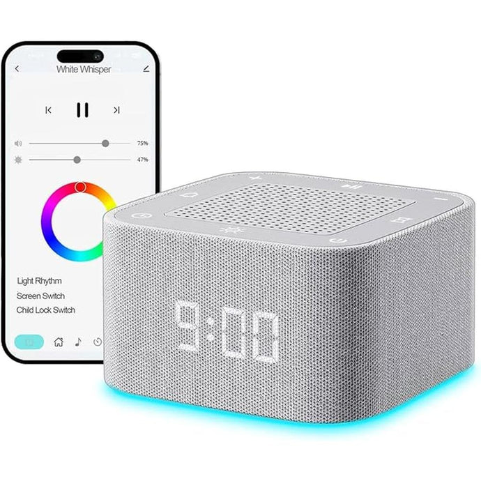 Sound Machine Alarm Clock for Baby Adult, 32 Soothing Sounds White Noise Machine, Night Lights Bluetooth Speaker, APP Control Noise Machine with Dimmable Clock for Kids Teens