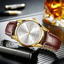 Load image into Gallery viewer, Taxau Brown Leather Watches for Men White Big Dial Gold Classic Luxury Dress Watch Men Cheap Casual Simple Waterproof Analog Quartz Men s Wrist Watches with Day Date Relojes para Hombre
