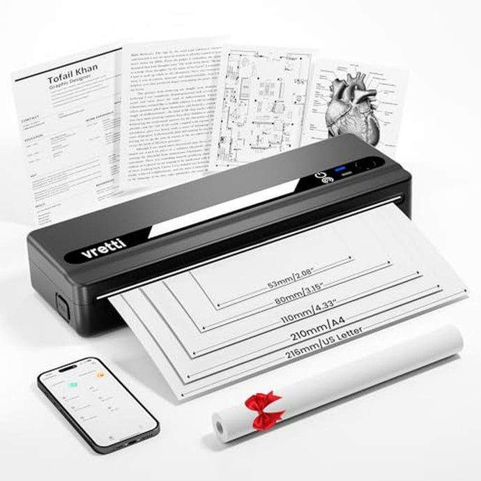 Vretti PB821 Portable Printers Wireless for Travel, A4 Portable Thermal Printer, Mobile Inkless Printer Compatible with Phone & Laptop, Supports 8.5 x 11 US Letter, Fits Car Home School Office - Black