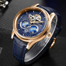 Load image into Gallery viewer, Watches for Men Automatic Mechanical Luxury Flywheel Watch 3D Double Globe Stainless Steel Case Leather Strap Men Wrist Watch Rose White Brown
