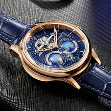 Load image into Gallery viewer, Watches for Men Automatic Mechanical Luxury Flywheel Watch 3D Double Globe Stainless Steel Case Leather Strap Men Wrist Watch Rose White Brown
