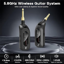 Load image into Gallery viewer, 5.8GHz Wireless Guitar Audio System - Rechargeable Transmitter and Receiver with 4 Channels, Low Latency and Over 164ft Long Range Transmission, Compatible Guitar Bass Electric Instruments
