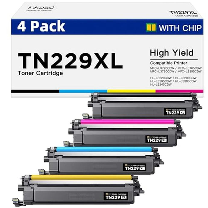 TN229XL 229XL Toner Cartridges for MFC-L3780CDW HL-3280CDW Compatible Replacement with Brother TN229XL TN-229XL TN-229 TN229 Work with MFC-L3720CDW HL-L3220CDW HL-L3300CDW Printers (4 Pack, Bk/C/M/Y)