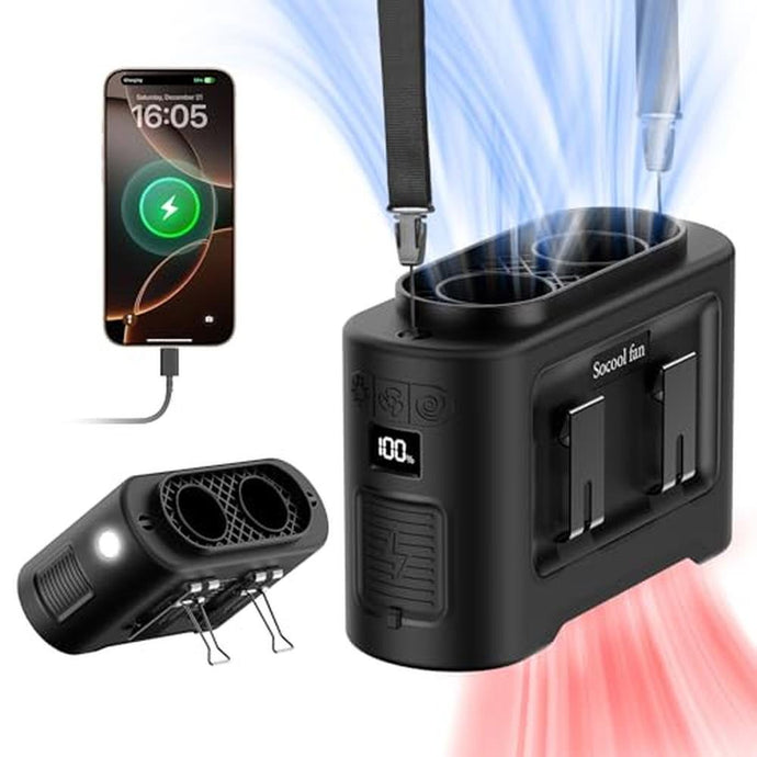 Socool 14500mAh Portable Waist Fan Clip On Wearable Belt Shirt Fan 5 Speeds with Dual Air Outlet & Flashlight Personal Hanging Neck Fans Battery Operated Rechargeable 40H Cooling For Camping Jobsite