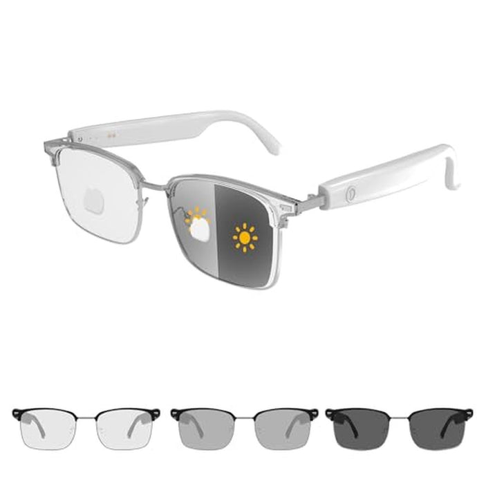 Harlafou Bluetooth Audio Smart Glasses, Photochromic Sunglasses Blue Light for Men and Women,Open Ear Sound Mic & Speakers, Magnetic Charging, Color-Changing Polarized Sunglasses Lenses (White)