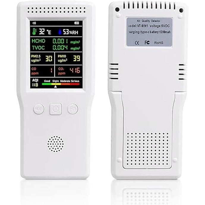 9-in-1 Air Quality Monitor Indoor,Portable PM2.5,PM10,AQI,CO2,CO,TVOC,HCHO,Humidity & Temperature Detector,Real Time Monitoring,Large Display with Voice Alert,Home Air Test Kits (White)