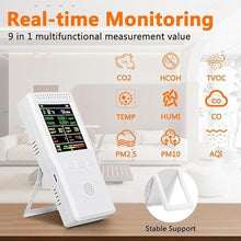 Load image into Gallery viewer, 9-in-1 Air Quality Monitor Indoor,Portable PM2.5,PM10,AQI,CO2,CO,TVOC,HCHO,Humidity &amp; Temperature Detector,Real Time Monitoring,Large Display with Voice Alert,Home Air Test Kits (White)

